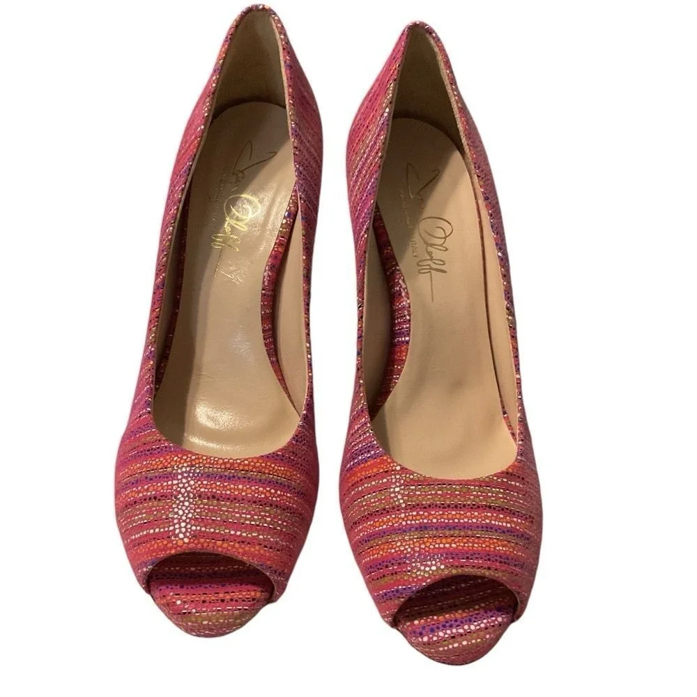 Joan Oloff PINK strips open toe pump size‎ 8.5